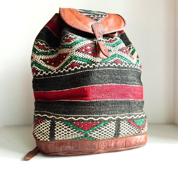 Vintage Handmade Ethnic Kilim Leather LArge Backpack main image 5